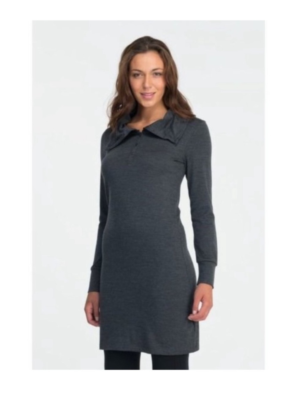 Icebreaker Ariana Gray Merino Wool Button Cowl Neck Long Sleeve Dress Medium